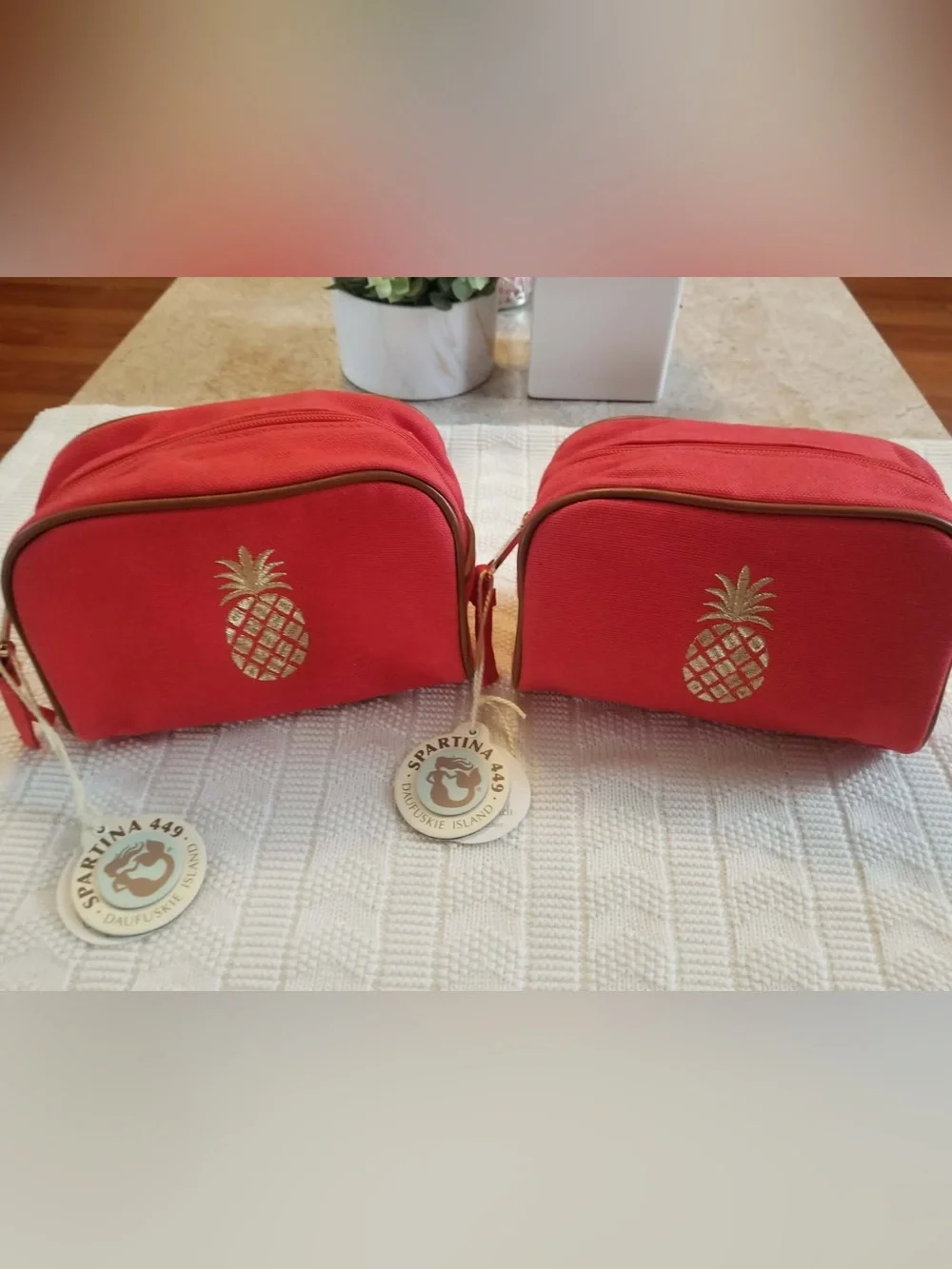 2 Spartina 449 Coral Orange Travel Pouch with Gold Hardware